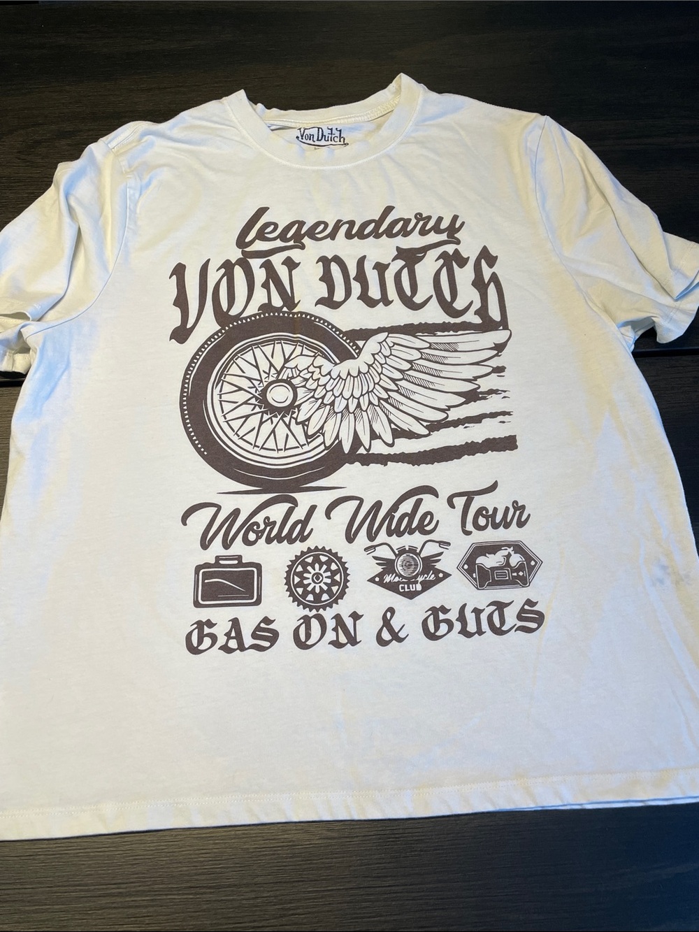Von Dutch White Tee with Brown Graphic Wheel & Wing Print